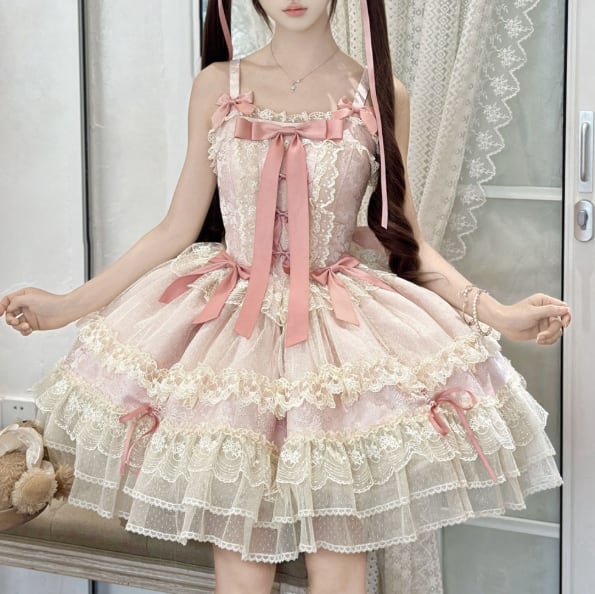 YUMEKAWA ♡ ( 2 colors ) Lolita jumperskirt with back ribbon. #wanpi132