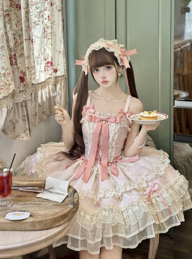 YUMEKAWA ♡ ( 2 colors ) Lolita jumperskirt with back ribbon. #wanpi132