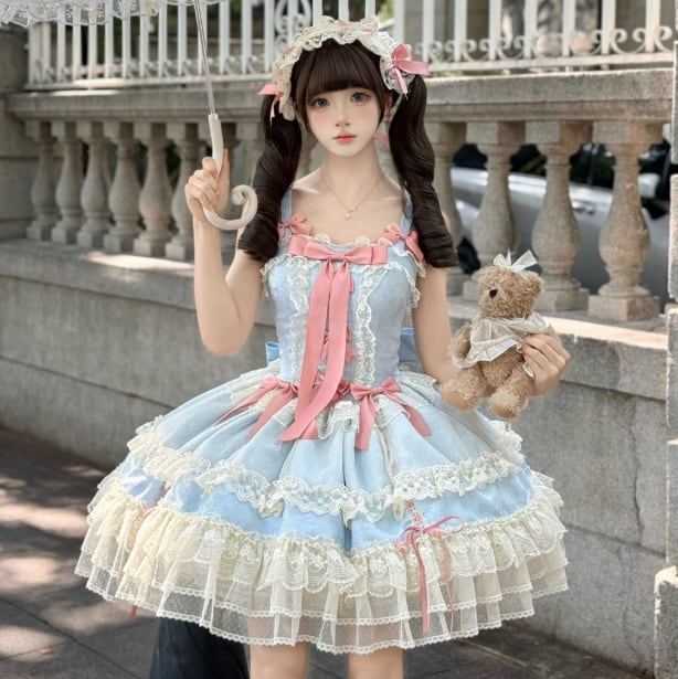 YUMEKAWA ♡ ( 2 colors ) Lolita jumperskirt with back ribbon. #wanpi132