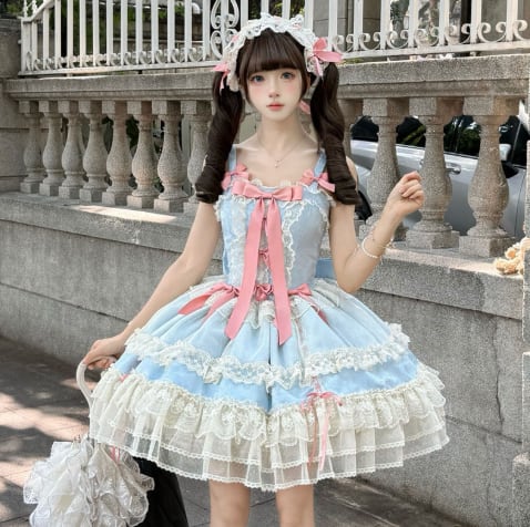 YUMEKAWA ♡ ( 2 colors ) Lolita jumperskirt with back ribbon. #wanpi132