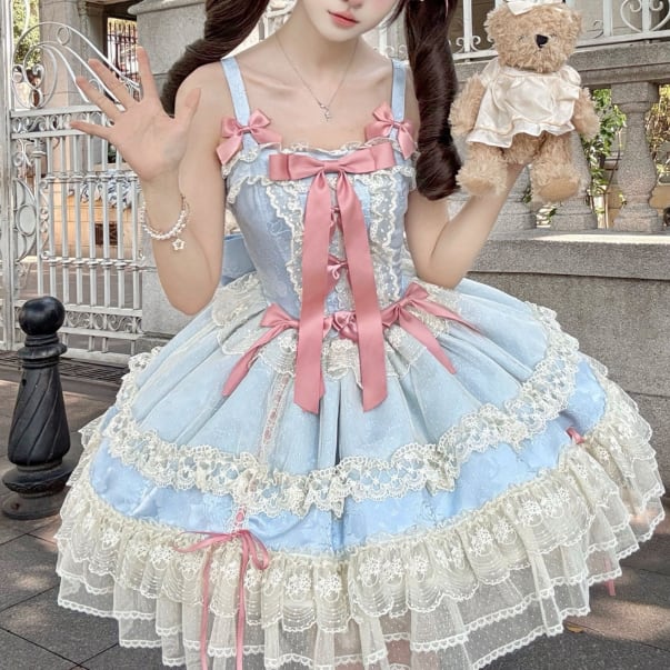 YUMEKAWA ♡ ( 2 colors ) Lolita jumperskirt with back ribbon. #wanpi132