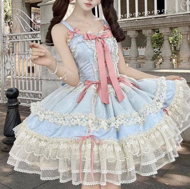 YUMEKAWA ♡ ( 2 colors ) Lolita jumperskirt with back ribbon. #wanpi132