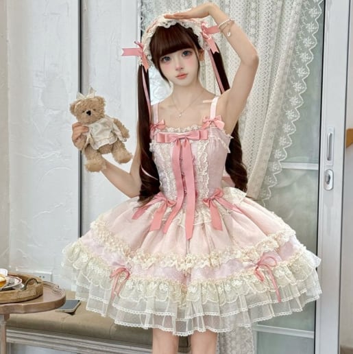 YUMEKAWA ♡ ( 2 colors ) Lolita jumperskirt with back ribbon. #wanpi132