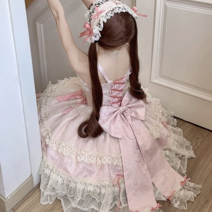 YUMEKAWA ♡ ( 2 colors ) Lolita jumperskirt with back ribbon. #wanpi132