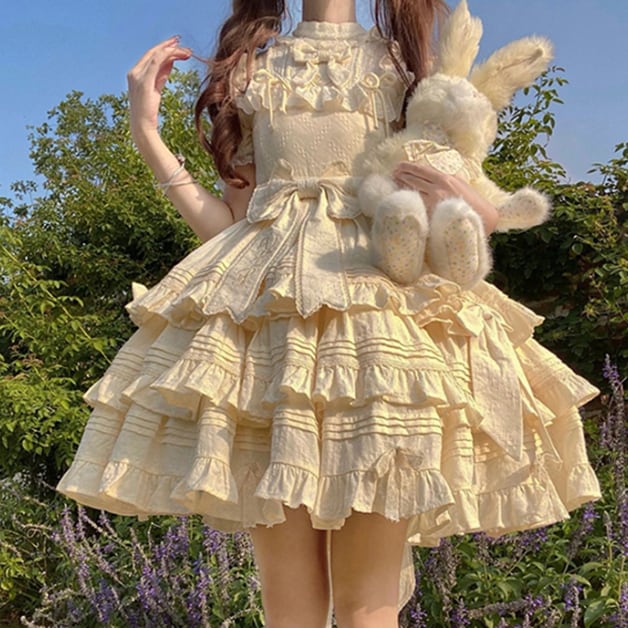 YUMEKAWA ♡ Cream yellow dress with back ribbon #wanpi136