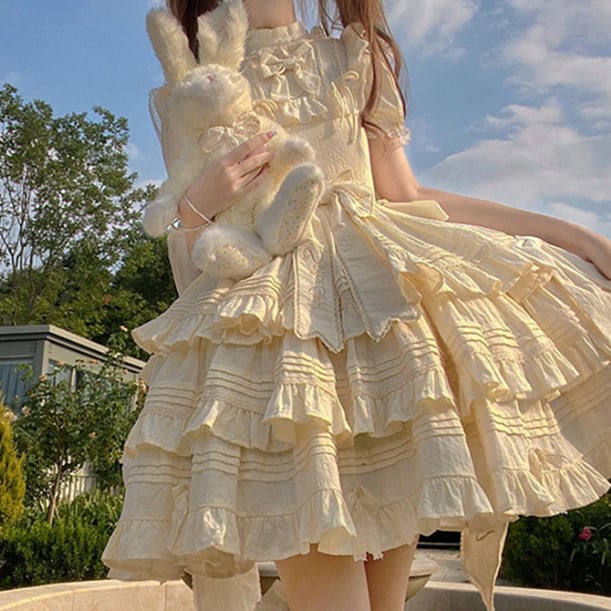 YUMEKAWA ♡ Cream yellow dress with back ribbon #wanpi136