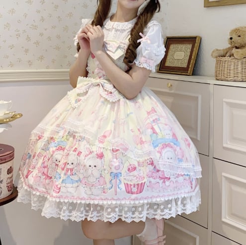 YUMEKAWA ♡ ( 3 colors ) Midi length rabbit jumperskirt #wanpi137