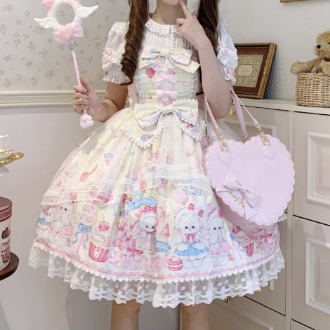 YUMEKAWA ♡ ( 3 colors ) Midi length rabbit jumperskirt #wanpi137