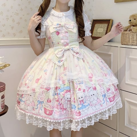 YUMEKAWA ♡ ( 3 colors ) Midi length rabbit jumperskirt #wanpi137