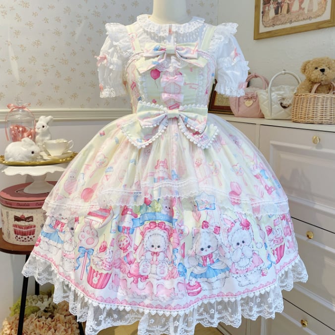 YUMEKAWA ♡ ( 3 colors ) Midi length rabbit jumperskirt #wanpi137