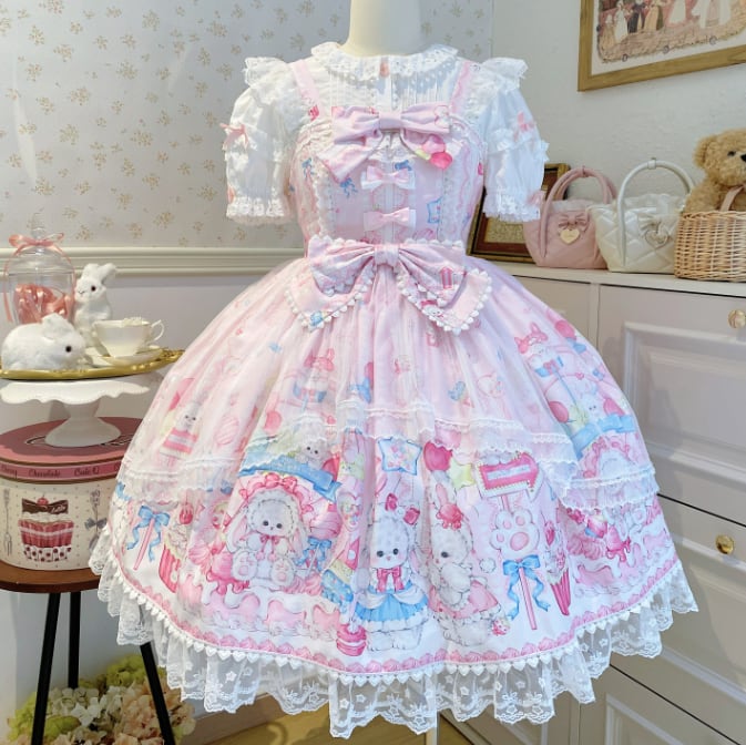 YUMEKAWA ♡ ( 3 colors ) Midi length rabbit jumperskirt #wanpi137