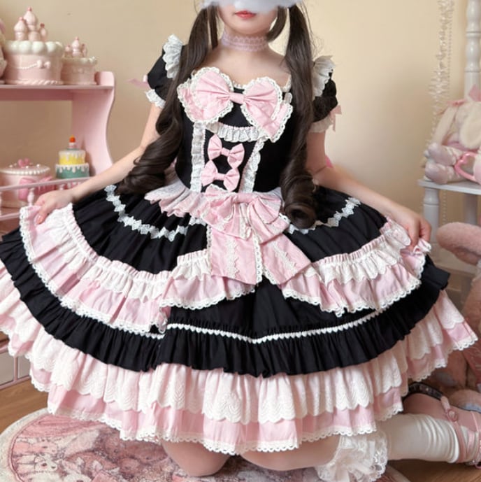YUMEKAWA ♡ 2 colors Puff Sleeve Ruffle Dress #wanpi28