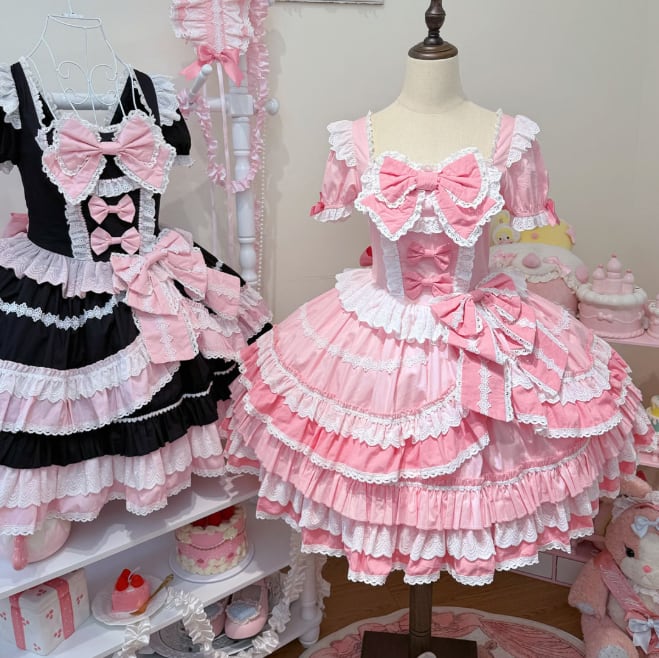 YUMEKAWA ♡ 2 colors Puff Sleeve Ruffle Dress #wanpi28