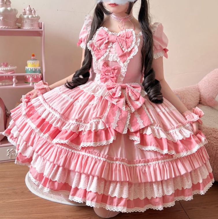 YUMEKAWA ♡ 2 colors Puff Sleeve Ruffle Dress #wanpi28