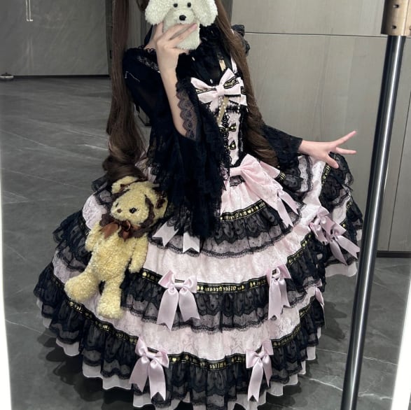 YUMEKAWA ♡ 2 colors 3-tier ruffle jumperskirt with ribbon. #wanpi32