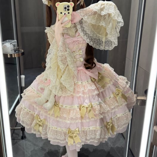 YUMEKAWA ♡ 2 colors 3-tier ruffle jumperskirt with ribbon. #wanpi32