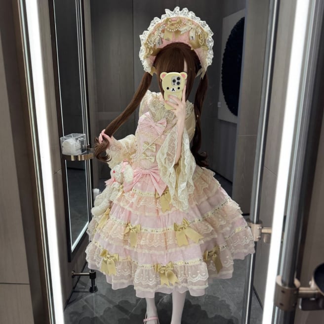 YUMEKAWA ♡ 2 colors 3-tier ruffle jumperskirt with ribbon. #wanpi32