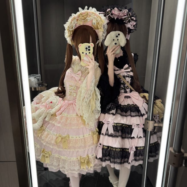 YUMEKAWA ♡ 2 colors 3-tier ruffle jumperskirt with ribbon. #wanpi32