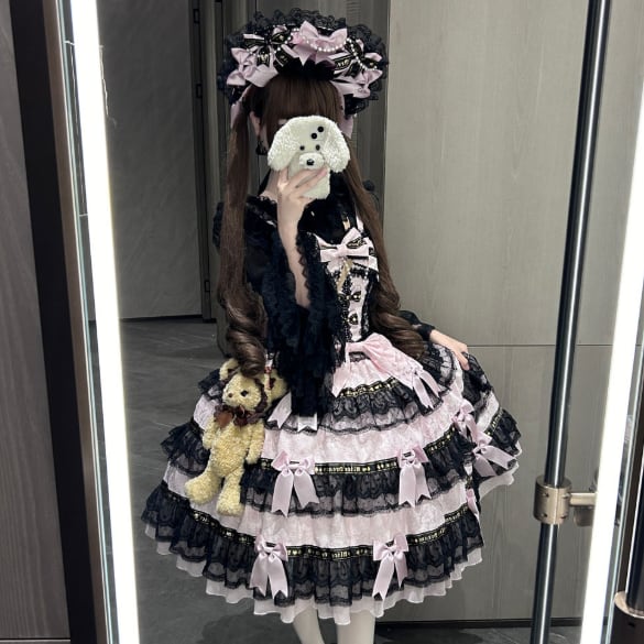 YUMEKAWA ♡ 2 colors 3-tier ruffle jumperskirt with ribbon. #wanpi32