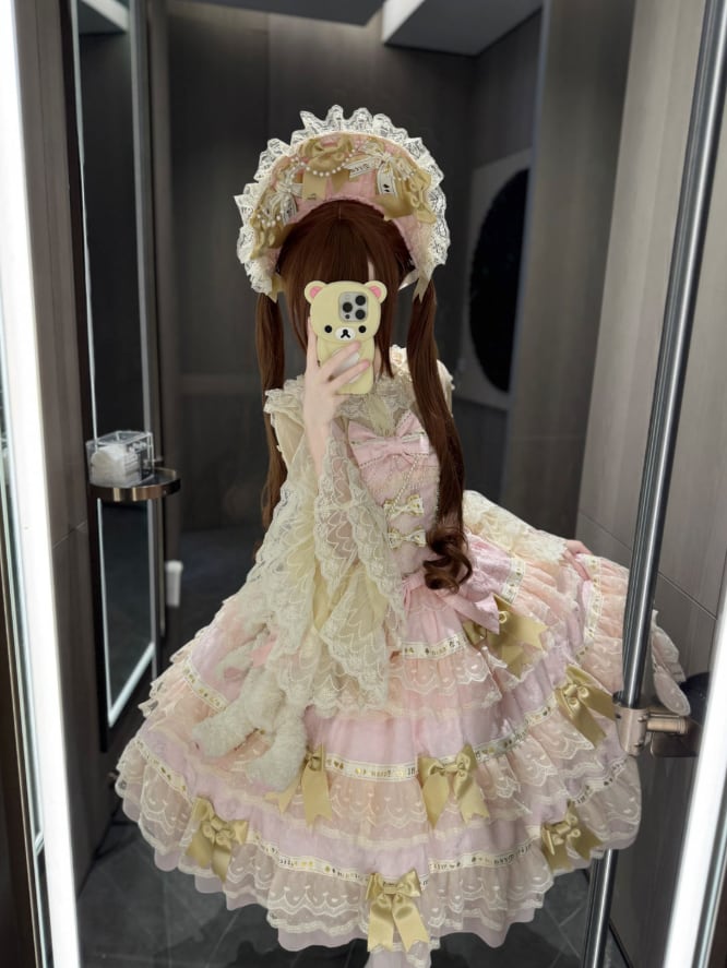 YUMEKAWA ♡ 2 colors 3-tier ruffle jumperskirt with ribbon. #wanpi32