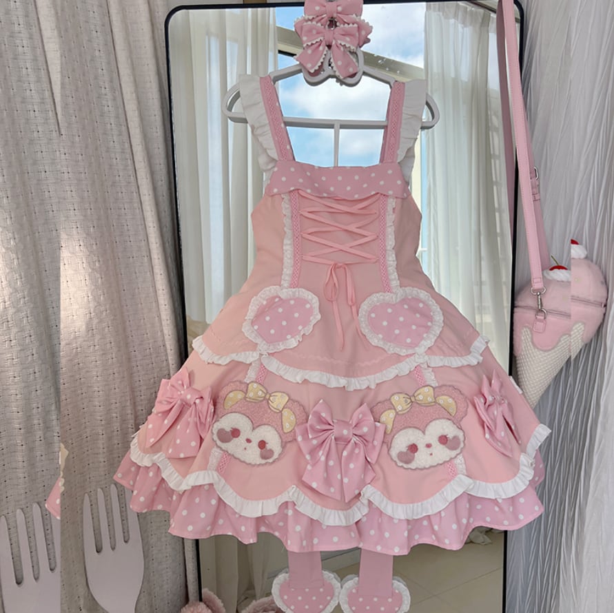 YUMEKAWA ♡ ( 4 colors ) Bear dress with outerwear #wanpi5