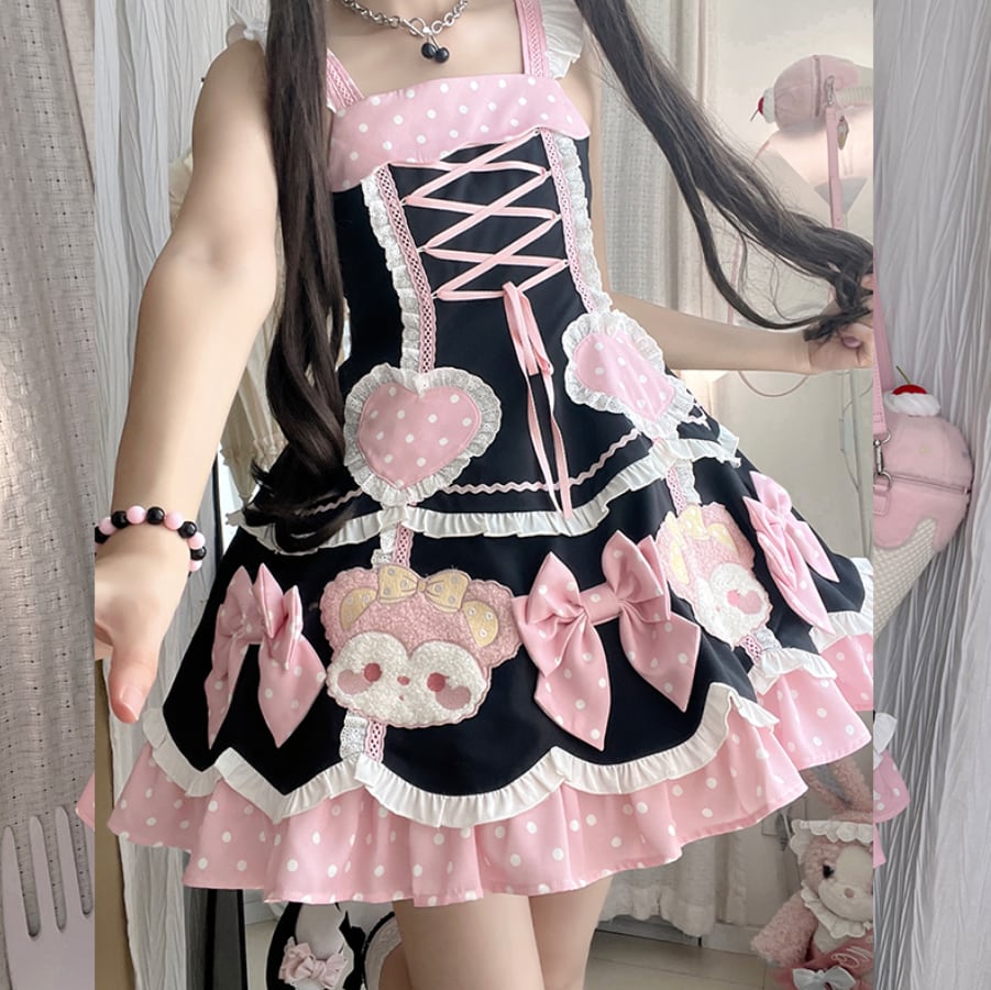 YUMEKAWA ♡ ( 4 colors ) Bear dress with outerwear #wanpi5