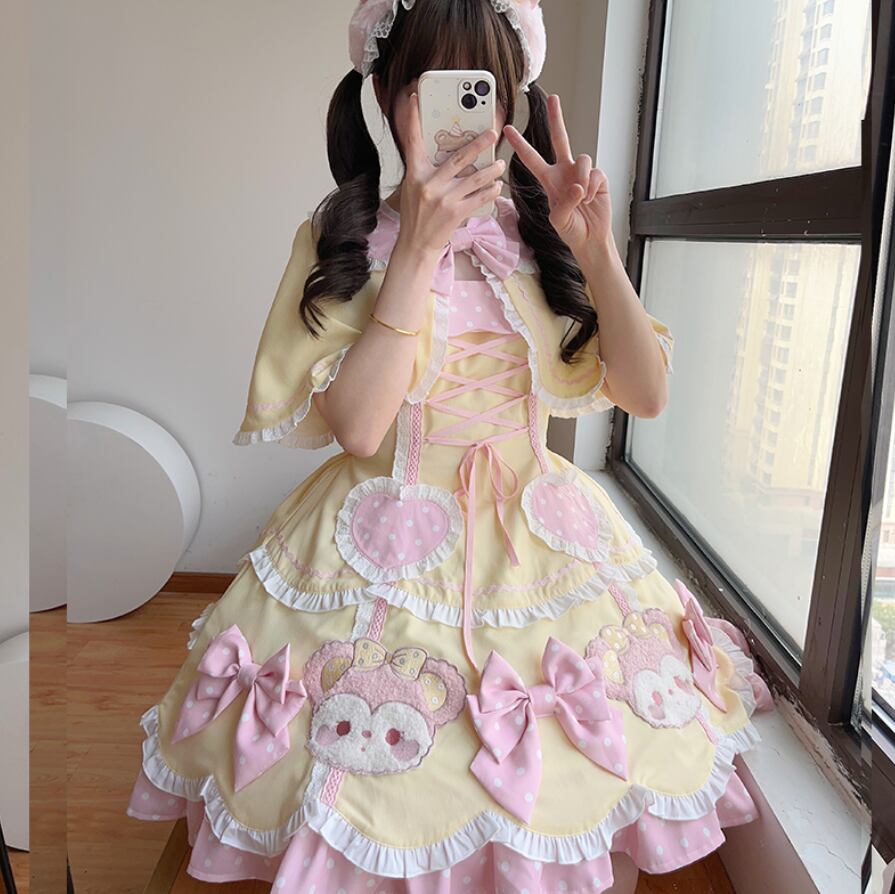 YUMEKAWA ♡ ( 4 colors ) Bear dress with outerwear #wanpi5