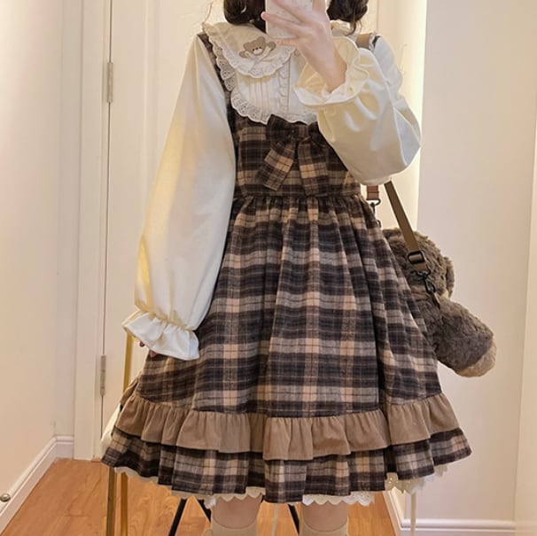 YUMEKAWA ♡ Glen check dress like a layered dress #wanpi50