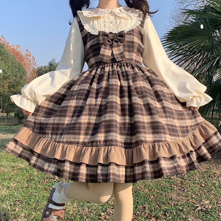 YUMEKAWA ♡ Glen check dress like a layered dress #wanpi50
