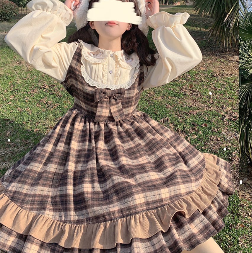 YUMEKAWA ♡ Glen check dress like a layered dress #wanpi50