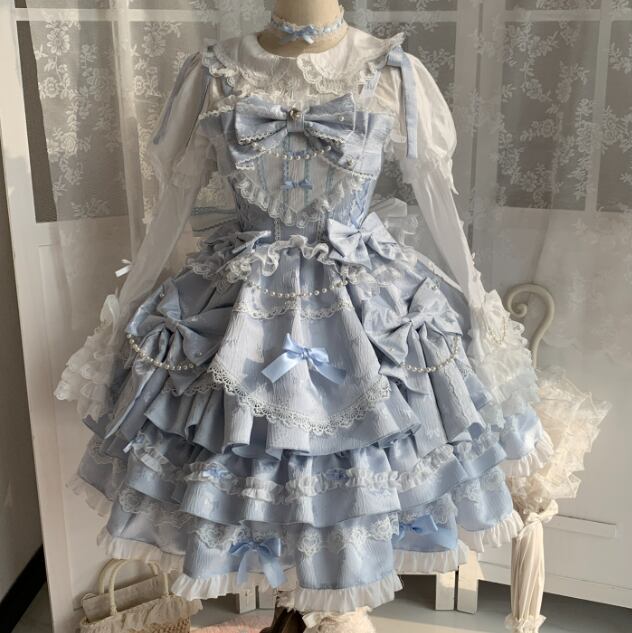 Manufactured after order ♡ ( 2 colors ) Lolita jumperskirt with bijoux and ribbon #wanpi65