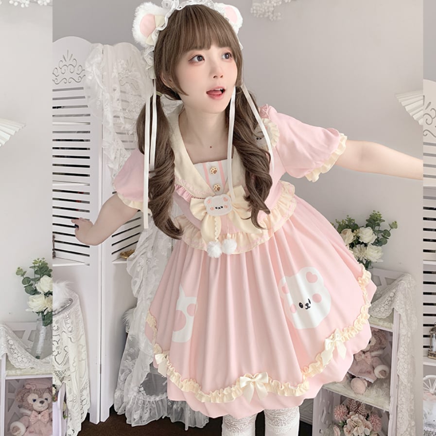 YUMEKAWA ♡ ( 3 colors ) sailor collar bear dress #wanpi74