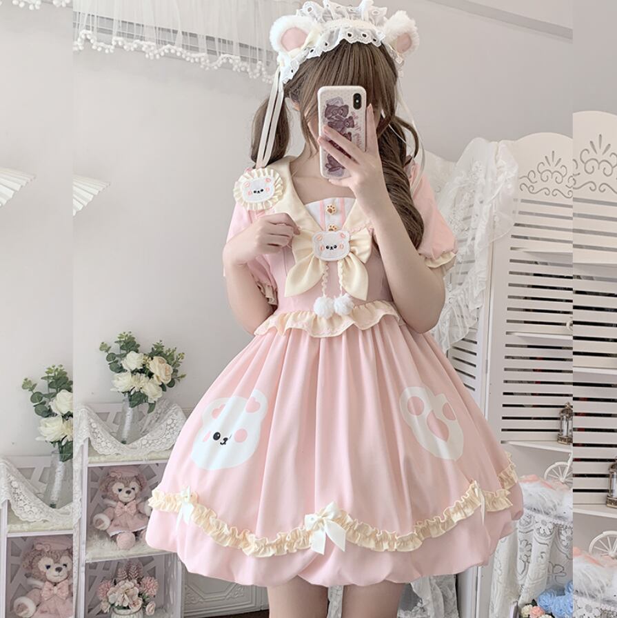 YUMEKAWA ♡ ( 3 colors ) sailor collar bear dress #wanpi74