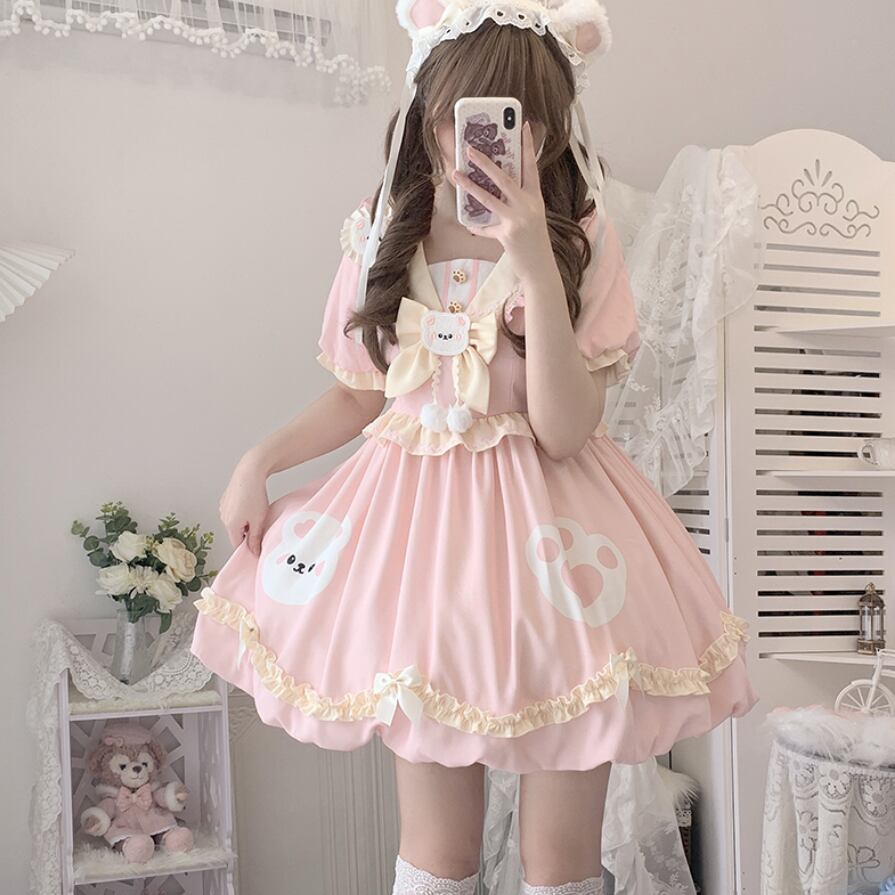 YUMEKAWA ♡ ( 3 colors ) sailor collar bear dress #wanpi74