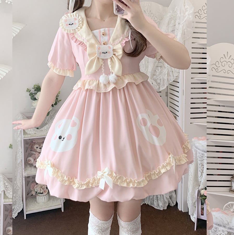 YUMEKAWA ♡ ( 3 colors ) sailor collar bear dress #wanpi74