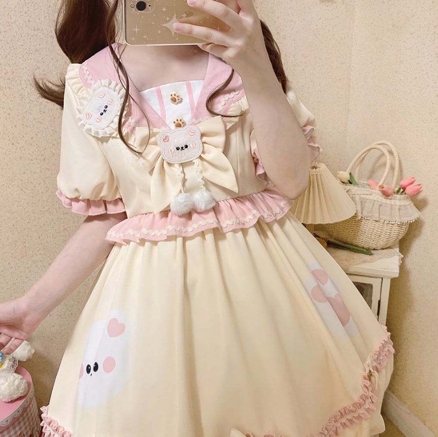 YUMEKAWA ♡ ( 3 colors ) sailor collar bear dress #wanpi74
