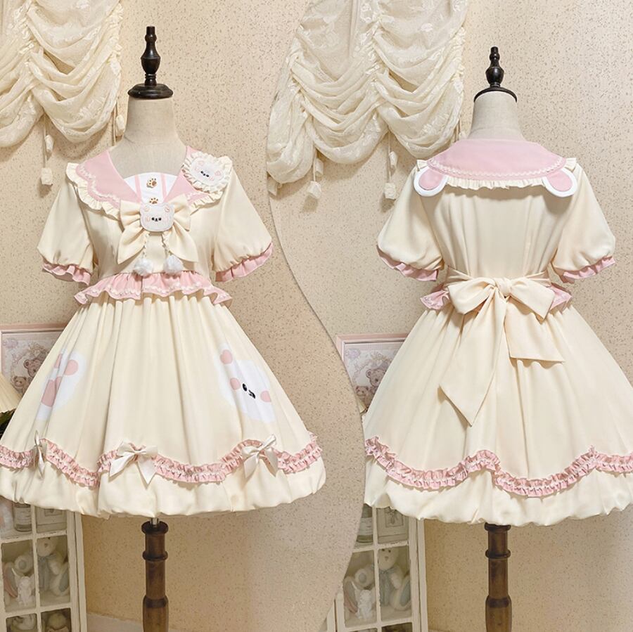 YUMEKAWA ♡ ( 3 colors ) sailor collar bear dress #wanpi74