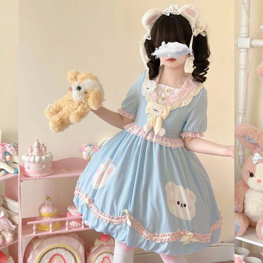 YUMEKAWA ♡ ( 3 colors ) sailor collar bear dress #wanpi74