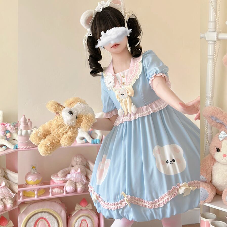 YUMEKAWA ♡ ( 3 colors ) sailor collar bear dress #wanpi74