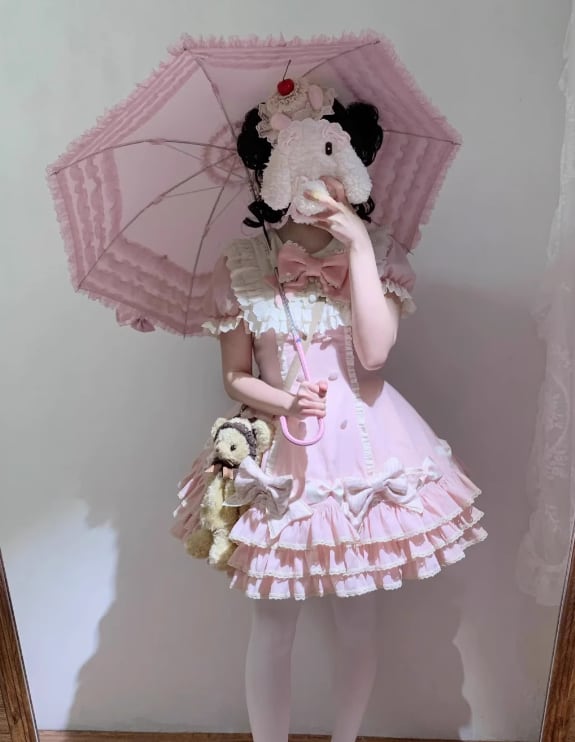 YUMEKAWA ♡ ( 2 colors ) Frilled dress with fake sleeves #wanpi77