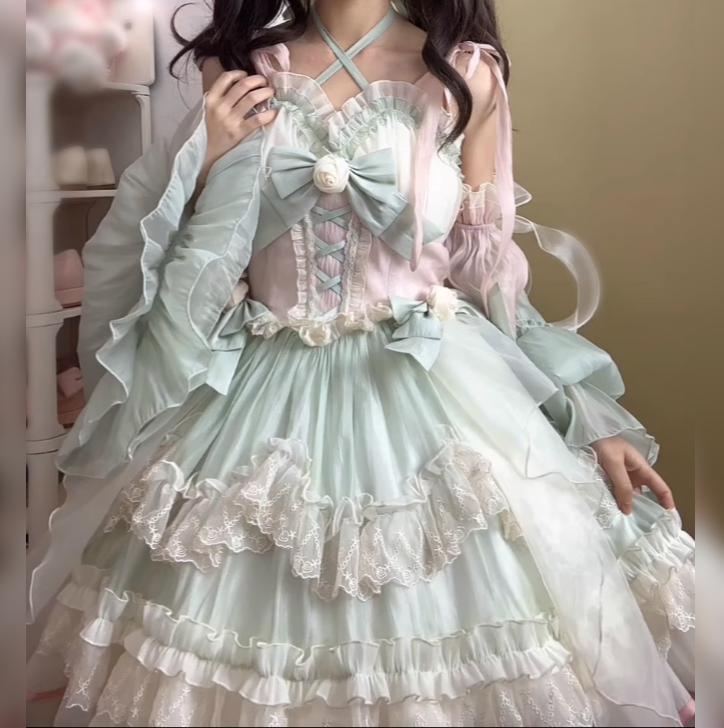 YUMEKAWA ♡ ( 2 colors ) cross neck dress with fake sleeves #wanpi91