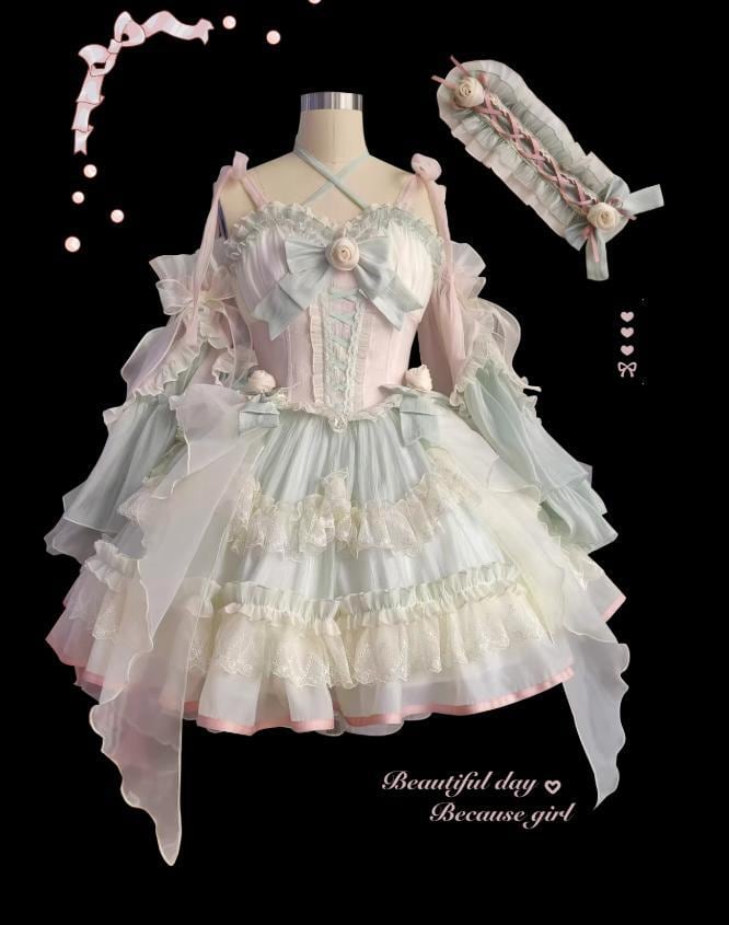 YUMEKAWA ♡ ( 2 colors ) cross neck dress with fake sleeves #wanpi91