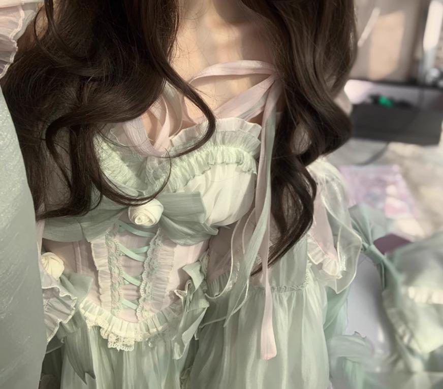 YUMEKAWA ♡ ( 2 colors ) cross neck dress with fake sleeves #wanpi91