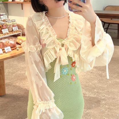 YUMEKAWA ♡ ( 3 colors )  thin short ruffle cardigan  #jya2