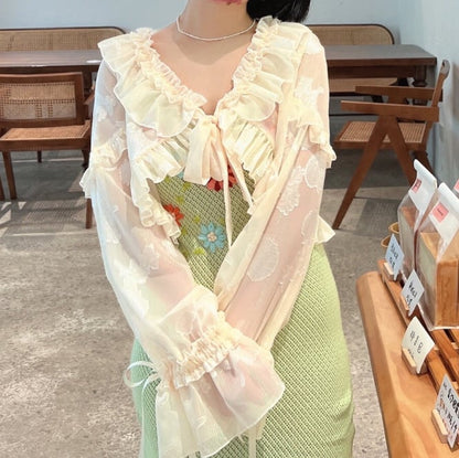 YUMEKAWA ♡ ( 3 colors )  thin short ruffle cardigan  #jya2