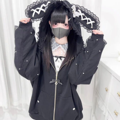 YUMEKAWA ♡ ( 2 colors )  Zip-up hoodie with lace bunny ears  #jya6