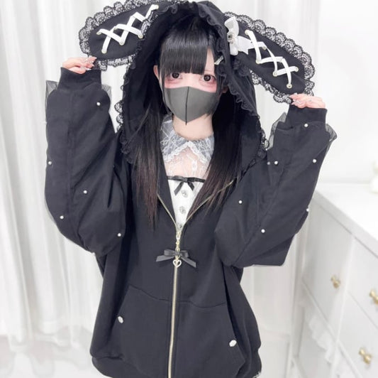 YUMEKAWA ♡ ( 2 colors )  Zip-up hoodie with lace bunny ears  #jya6