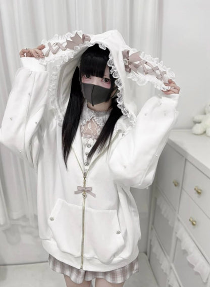 YUMEKAWA ♡ ( 2 colors )  Zip-up hoodie with lace bunny ears  #jya6