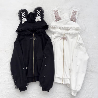 YUMEKAWA ♡ ( 2 colors )  Zip-up hoodie with lace bunny ears  #jya6
