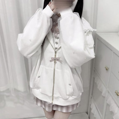 YUMEKAWA ♡ ( 2 colors )  Zip-up hoodie with lace bunny ears  #jya6